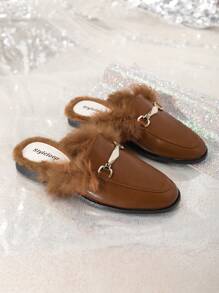 棕色金屬扣毛皮平底拖鞋 / 棕色毛皮平底半拖鞋