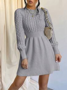 Cloudara Solid Color Knitted Sweater Dress - Grey - View 5