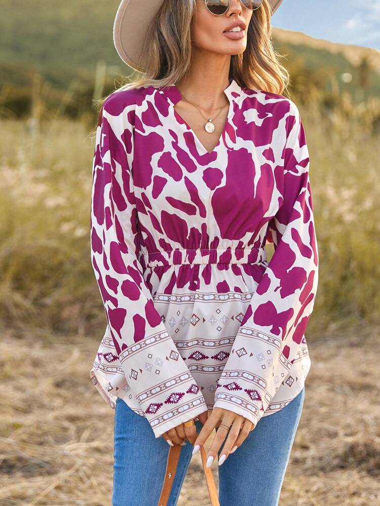 Women's Printed Patchwork Shirt With Notched Collar And Curved Hemline