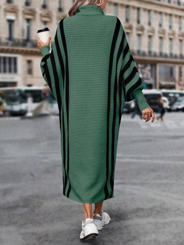 Women's High Neck Stripe Batwing Sleeve Sweater Dress Fall Cloth For Women
