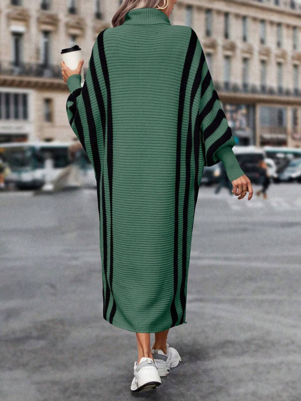 Women's High Neck Stripe Batwing Sleeve Sweater Dress Fall Cloth For Women
