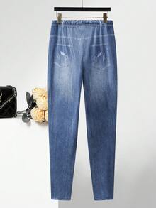 Maweii 大码女式牛仔效果印花紧身裤 - 藍色 - 查看 2