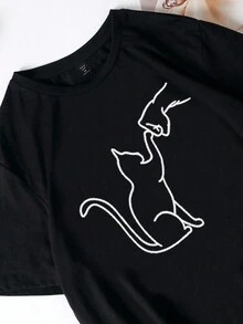 Flirla 大碼貓卡通印花t恤 - 黑色 - 查看 3