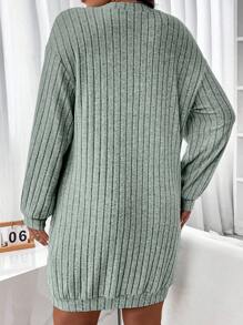 SHEIN LUNE Plus Size Solid Color Ribbed Knit Sweatshirt With Drop Shoulder Graduation,Back To School Outfits,Graduation,Teacher Outfits For Women,Back To School Pullover Fall Outfit Winter Autumn - Green - View 2