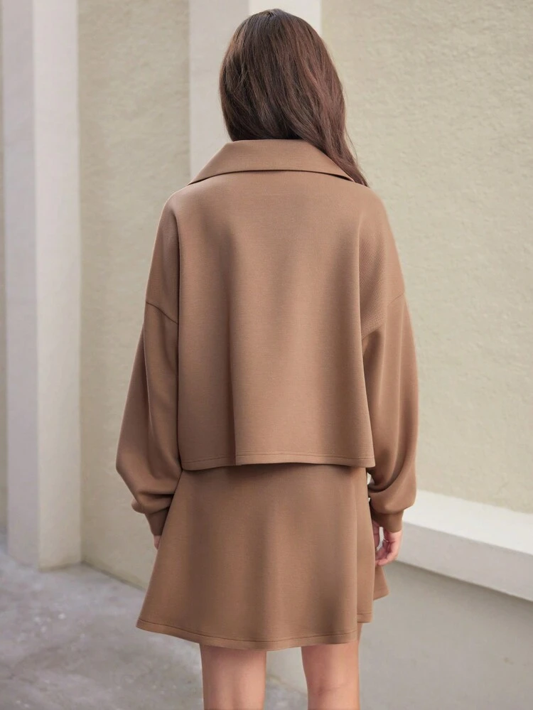 Half-zipped Drop Shoulder Top And Skirt Casual 2pcs Set