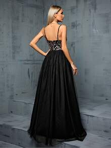 MGIACY Sequined Floral Pattern Net Chiffon Halter Evening Dress - Black - View 2