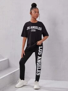 女童運動風針織短袖上衣和緊身褲套裝 - 黑色 - 查看 3