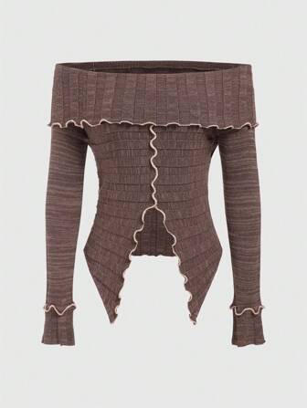 Grunge Punk Suéter De Hombro Descubierto Con Dobladillo Asimétrico, División Y Borde Decorativo