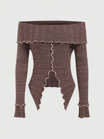 Grunge Punk Asymmetric Hem Off-shoulder Sweater With Slit And Decorative Edging