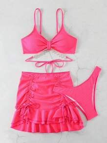 DAZY Tied & Rhinestone Decor Drawstring Solid Color Bikini Set Valentine For Summer Beach Vacation,Ruffle,Tankini Bathing Suit - Hot Pink - View 7