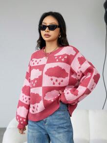 GENKIRA 格子云朵图案落肩针织套头衫秋冬毛衣 - 彩色 - 查看 3