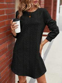 SHEIN LUNE Women's Solid Color Knitted Jacquard Long Sleeve Dress - Black - View 5
