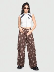 ROMWE Grunge Punk Star Printed Cargo Pants With Large Pockets - Brown - View 2