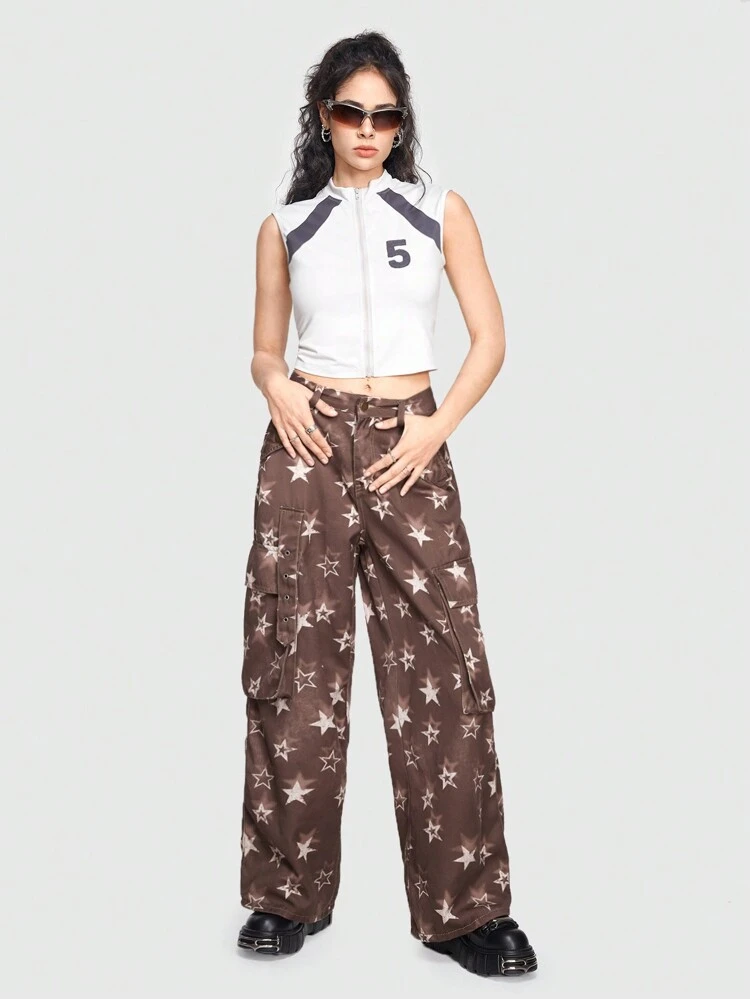 Star Printed Cargo Pants With Large Pockets