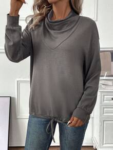 SHEIN LUNE Women's Cowl Collar Solid Color Sweatshirt - Dark Grey - View 3