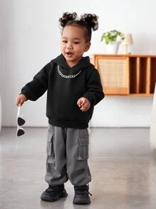 SHEIN 嬰兒中性休閒純色連帽長袖卫衣工裝長褲套裝 - 黑色 - 查看 4