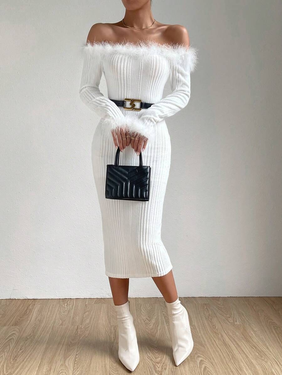 Zolique Off Shoulder Fuzzy Trim Bodycon Dress Without Belt Fall Cloth For Women - White - View 1