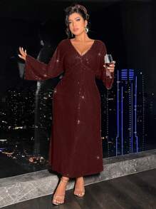 Allurite Plus Size V-neck Bell Sleeve Dress - Burgundy - View 4