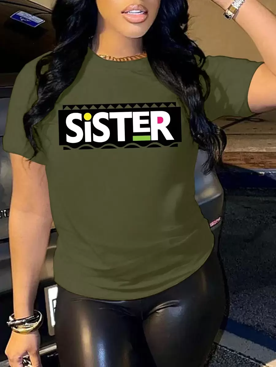SHEIN Slayr Letter Print Short Sleeve T-shirt - Army Green - View 1