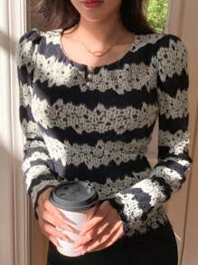 DAZY Faux Pearl Decorated Long Sleeve Top,Fall Clothes - Black - View 5