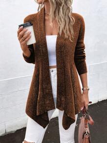 SHEIN LUNE 女款純色披肩領開衫不對稱下擺針織衫 - 咖啡棕 - 查看 1