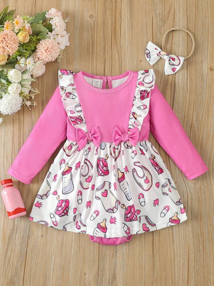 Baby Girls' Bodysuit With Bow Decoration And Ruffle Trim