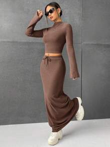 SHEIN EZwear Ladies' Solid Color Blouse & Skirt Set - Brown - View 3