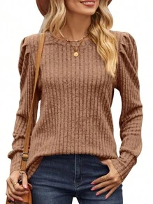 INAWLY Puff Sleeve Ribbed Striped T-shirt - Brown - View 1