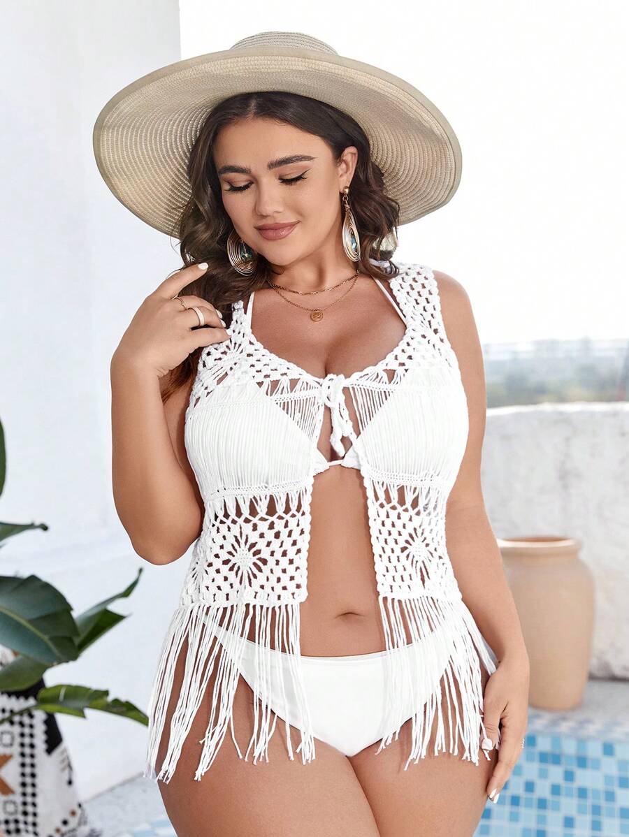 SHEIN Swim Curve 1 件大码流苏下摆钩针和服夏季 - 白色 - 查看 1