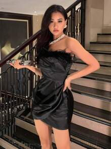 DAZY Women's Patchwork Furry Strapless Dress, Birthday Prom Dress Party Women Club Outfit Homecoming Dresses Sexy Dress Elegant Women Dresses Carnival - Black - View 5