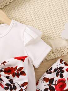 SHEIN Young Girl Flower Pattern Bow Decoration Two-Piece Set - Red and White - View 3
