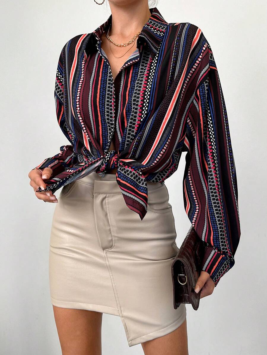 SHEIN Cottnline Camicetta Stampata Intera Con Spalle Scoperte Taglie Forti - Multicolore - Visualizzare 1