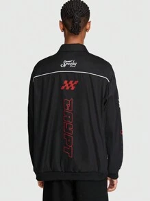 ROMWE MEN Prep 男士字母印花翻領外套 - 黑色 - 查看 4