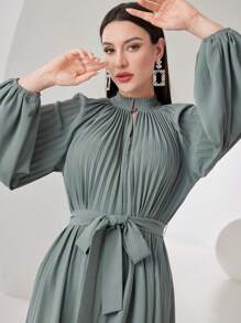 Modelyn Women's Raglan Long Sleeve Pleated Belted Dress - Green - View 2