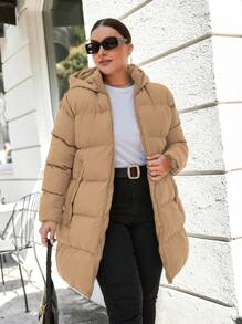 EURMUSE Women's Plus Size Hooded Puffer Coat, For Winter - Khaki - View 1