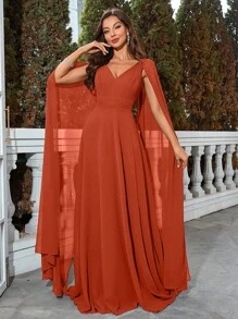 UNITHORSE Solid Color Pleated Splice Cape Sleeve Dress - 橘色 - 查看 1
