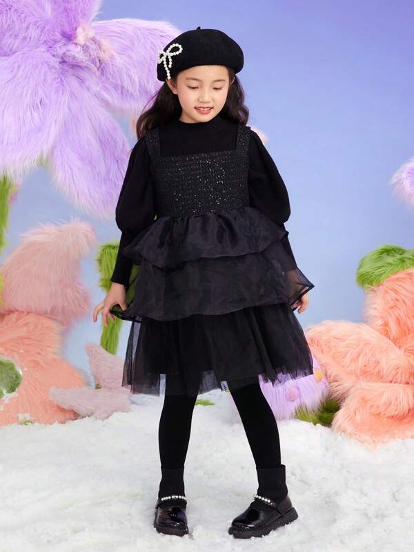 Tween Girls Puffy Sleeve Top & Sparkly Mesh Contrast Puffy Dress 2pcs/Set