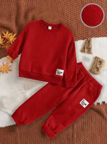 SHEIN 2pcs/set Toddler Boys' Casual Sports Suit With Patch Decoration - Red - View 1