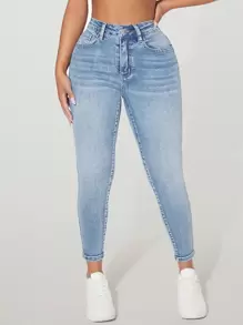 SHEIN PETITE 高腰纽扣缀饰紧身弹力破洞Y2K牛仔裤保暖内衬口袋紧身牛仔裤秋冬季加厚牛仔 - 淺色水洗藍 - 查看 4