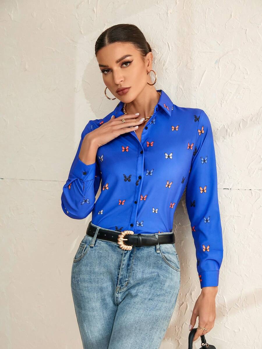 GENKIRA Butterfly Pattern Printed Long Sleeve Shirt - Blue - View 1