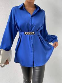 SHEIN Frenchy 落肩袖褶皺細節鏈條細節腰帶襯衫 - 寶藍色 - 查看 5