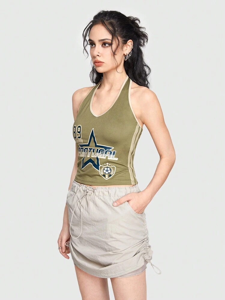 Women'S Star, Letter Printed Halter Tank Top With Color Block & Insert Trim Detail