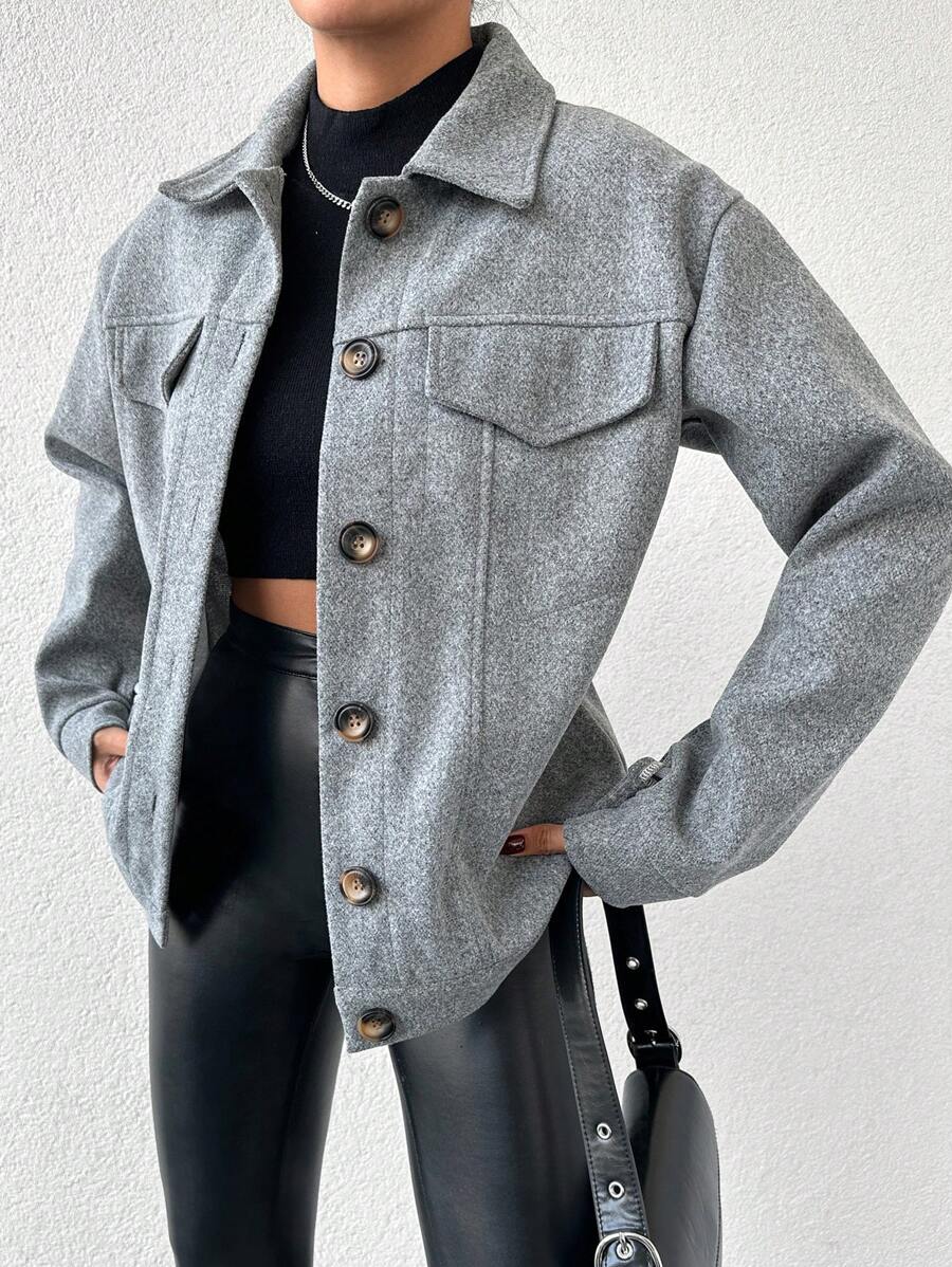 EURMUSE Woolen Coat With Lapel & Drop Shoulder Design - Grey - View 1