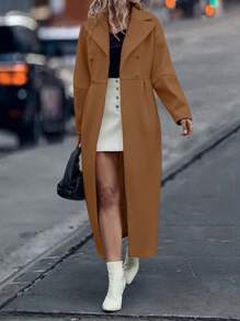 SHEIN Privé 女士雙排釦放肩旗袍長袖羊毛外套 - 棕色 - 查看 5