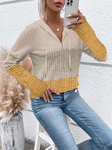 SHEIN LUNE Women's Color Block Drawstring Hooded T-Shirt - Multicolor - View 5