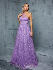 Women's One Shoulder Mesh Ruffle Embroidered Floral A-Line Bridesmaid Maxi Dress - Lilac Purple - View 3