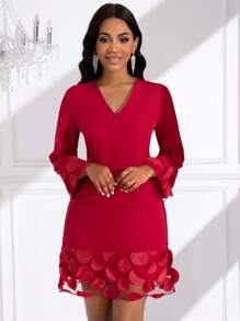 SHEIN Unity Màu thuần Cổ chữ V Tay áo dài Đầm - Đỏ - Xem 6