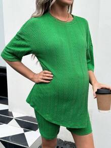 SHEIN Maternity Drop Shoulder T-shirt And Basic Shorts Set - Green - View 3