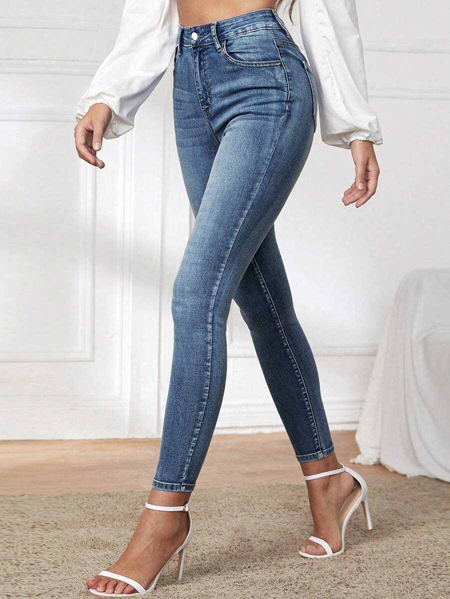 EMERY ROSE 高腰紧身牛仔裤，女士休闲纽扣、口袋、拉链高腰紧身长款中长洗水曲线紧身女式牛仔裤，春/秋，休闲日常穿着