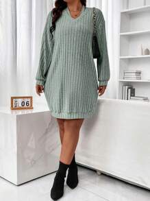 SHEIN LUNE Plus Size Solid Color Ribbed Knit Sweatshirt With Drop Shoulder Graduation,Back To School Outfits,Graduation,Teacher Outfits For Women,Back To School Pullover Fall Outfit Winter Autumn - Green - View 4